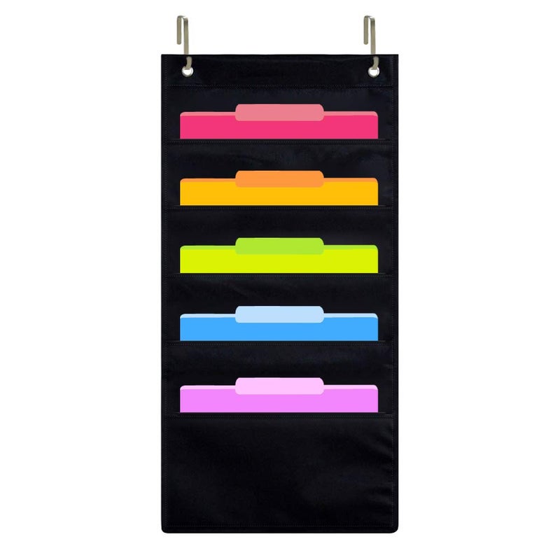 Eamay Hanging Wall Organizer, Over the Door Office Supplies File Document Organizer Holder for Home Bill Filing, Mail Organizer, Wall Mounted File Folders - 5 File Pockets Chart and 2 File Hangers - Image 1